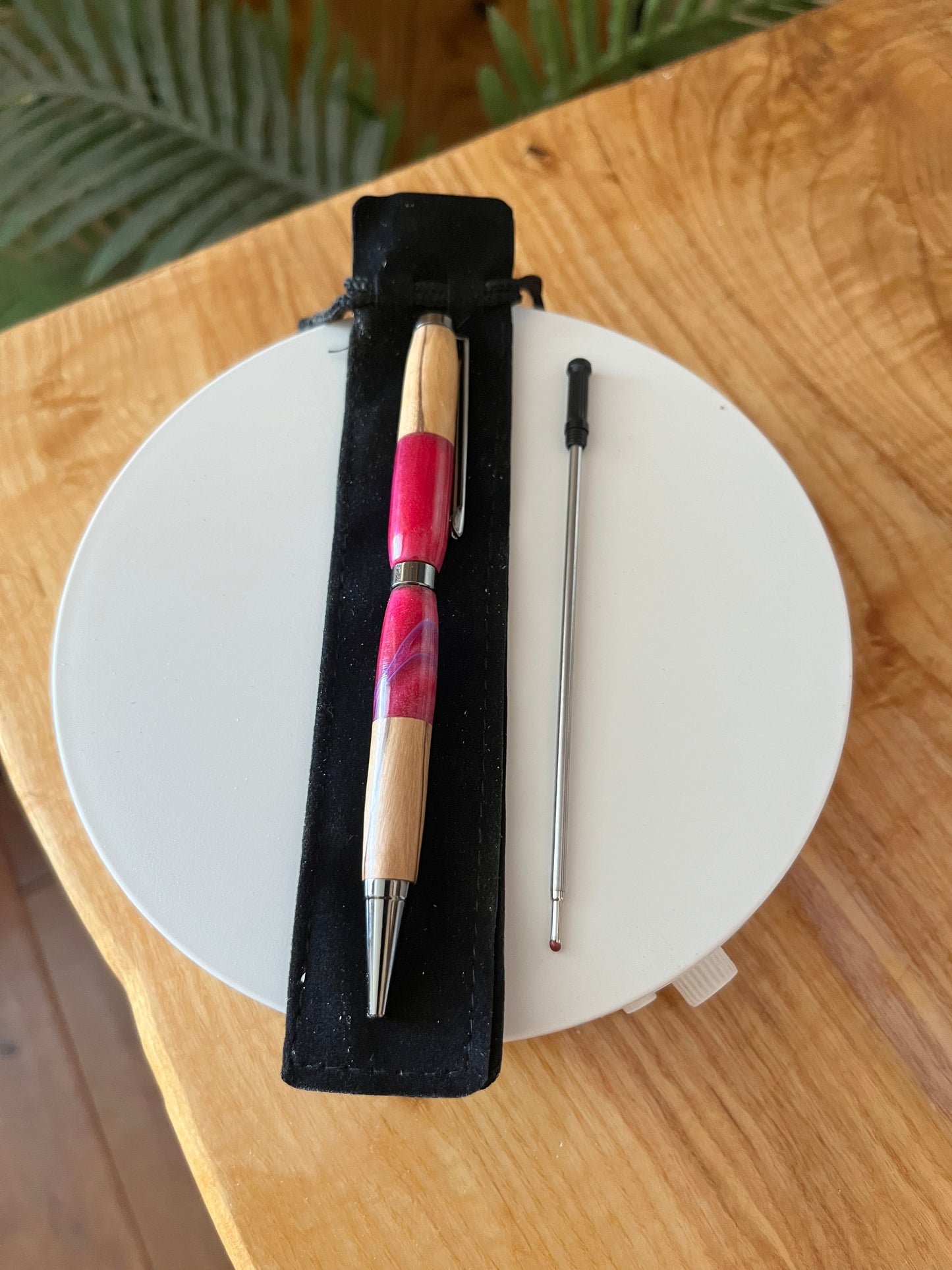 Handcrafted Olivewood Pen — Silver Hardware and Pink Acrylic