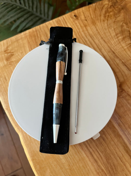 Handcrafted Olivewood Pen — Silver Hardware and Blue Acrylic