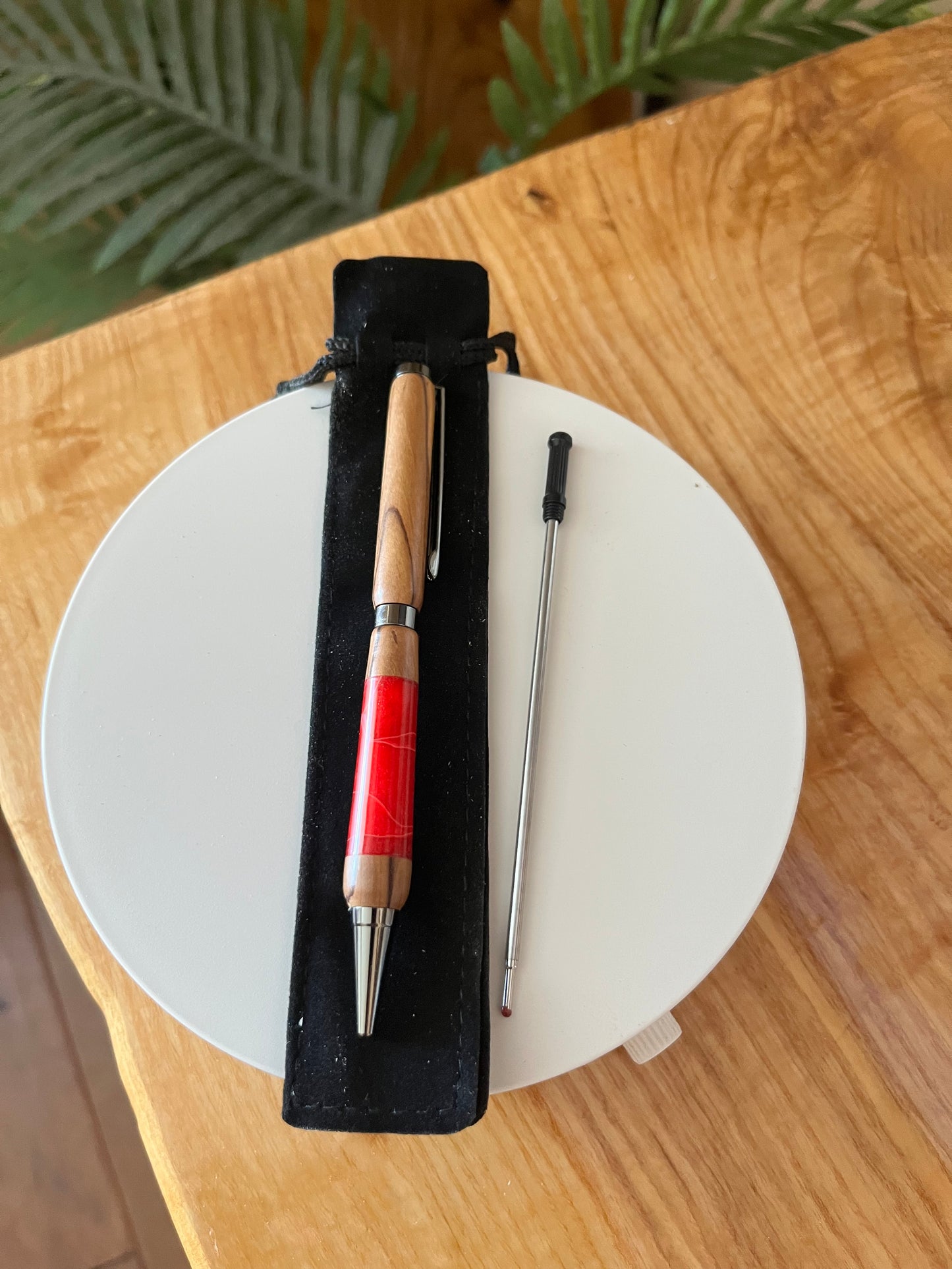 Handcrafted Olivewood Pen — Silver Hardware and Red Acrylic