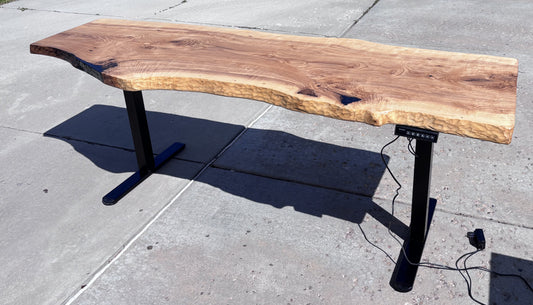 Handcrafted Live Edge Ash Wood Standing Desk with Black Epoxy Accents — Sit to Stand Metal Base