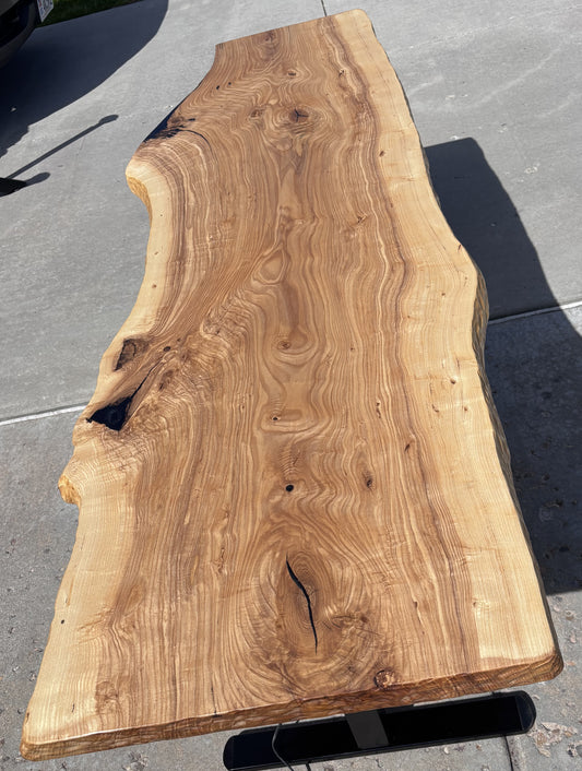 Handcrafted Live Edge Ash Wood Standing Desk with Black Epoxy Accents — Sit to Stand Metal Base