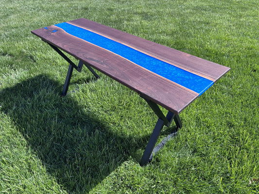 Handcrafted Black Walnut Table with Blue Epoxy River — Metal Base