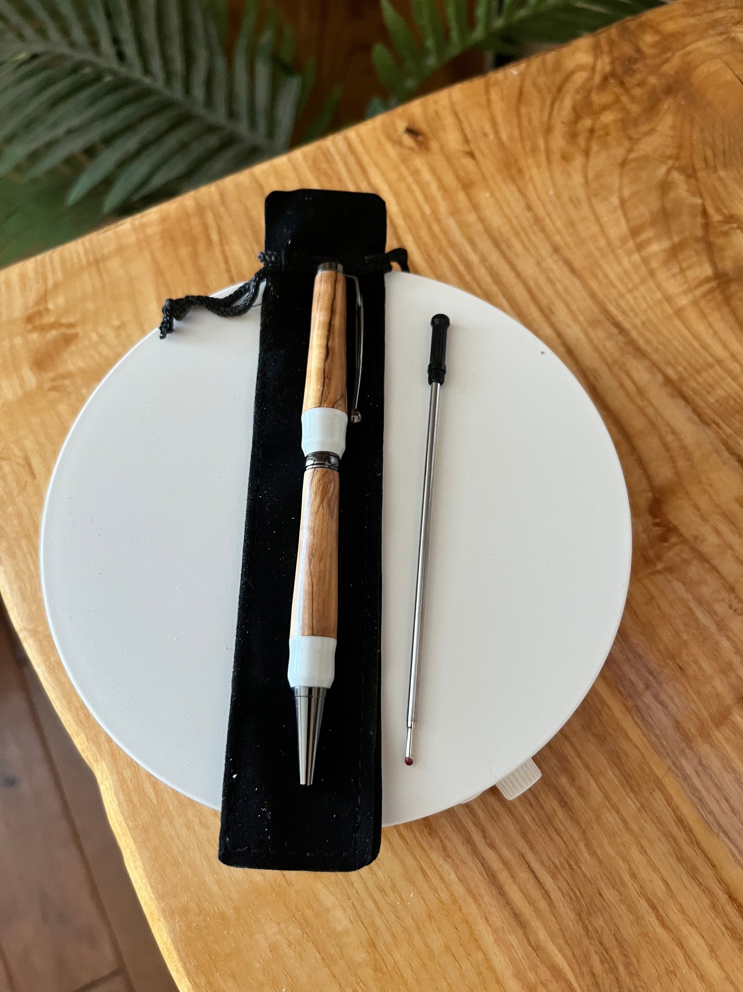 Handcrafted Olivewood Pen — Black Hardware and White Acrylic