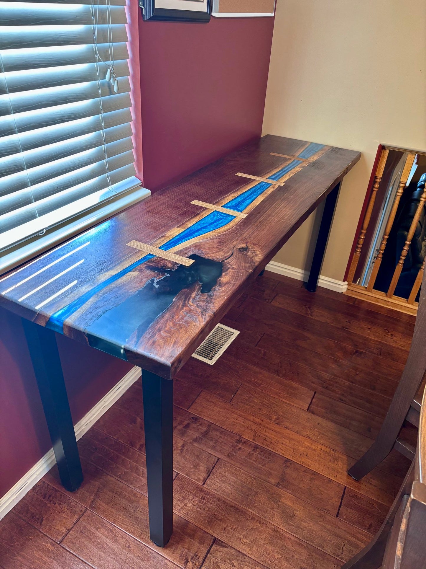 Handcrafted Black Walnut Console Table with Blue Epoxy River