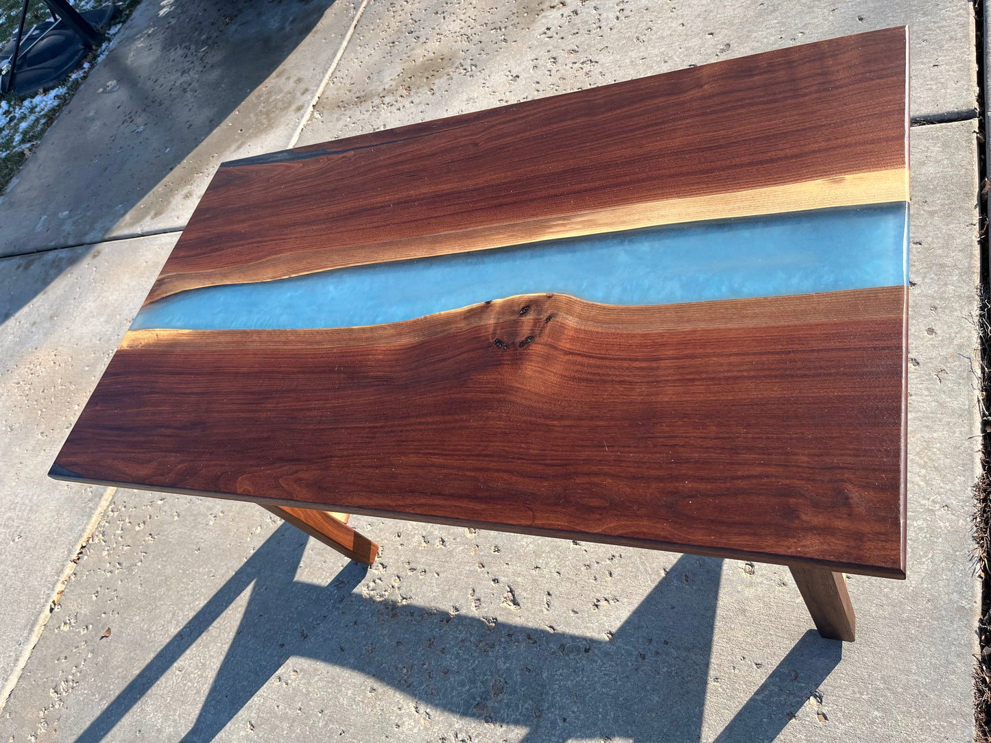Handcrafted Black Walnut Table with Blue Epoxy River — Live‑Edge I‑Frame Base