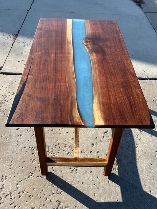 Handcrafted Black Walnut Table with Blue Epoxy River — Live‑Edge I‑Frame Base