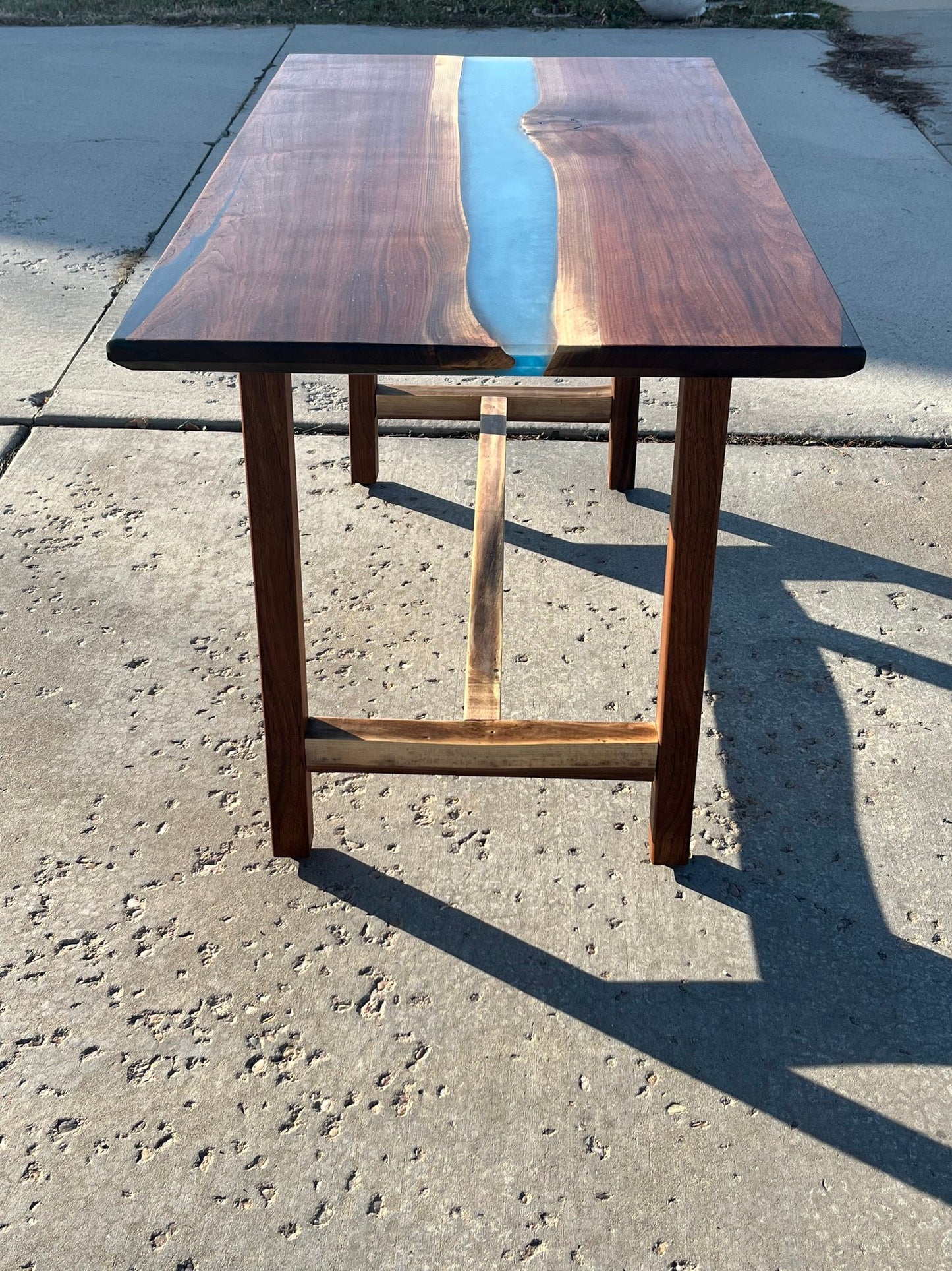Handcrafted Black Walnut Table with Blue Epoxy River — Live‑Edge I‑Frame Base