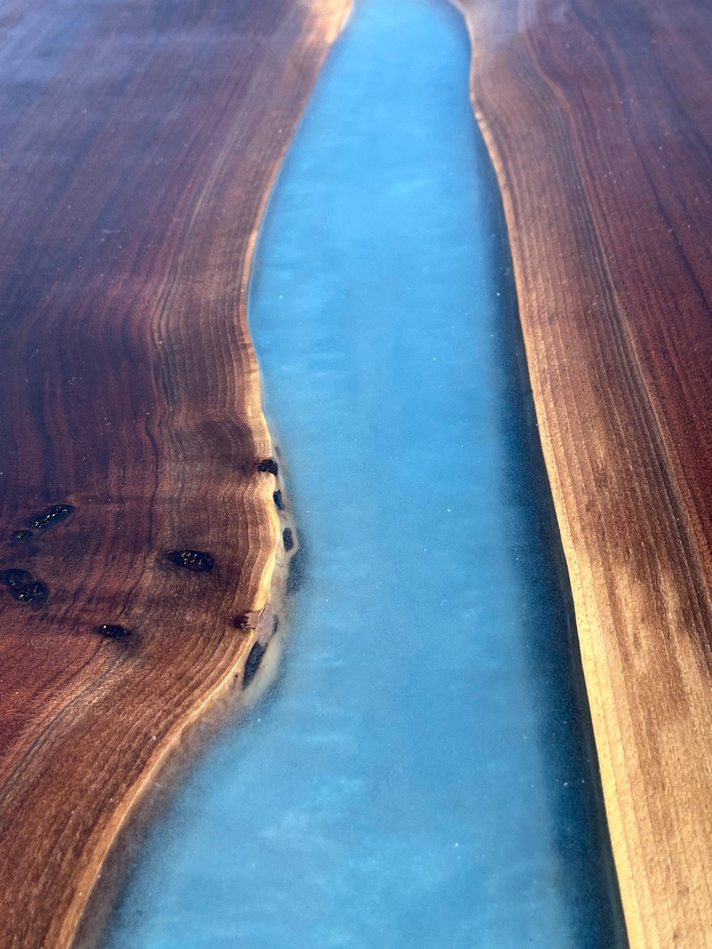 Handcrafted Black Walnut Table with Blue Epoxy River — Live‑Edge I‑Frame Base